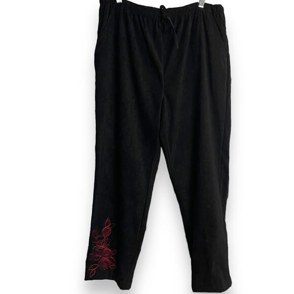 Erika Straight Leg Faux Suede Pants Women's L Black Floral Embroidery Casual VTG - Picture 2 of 12